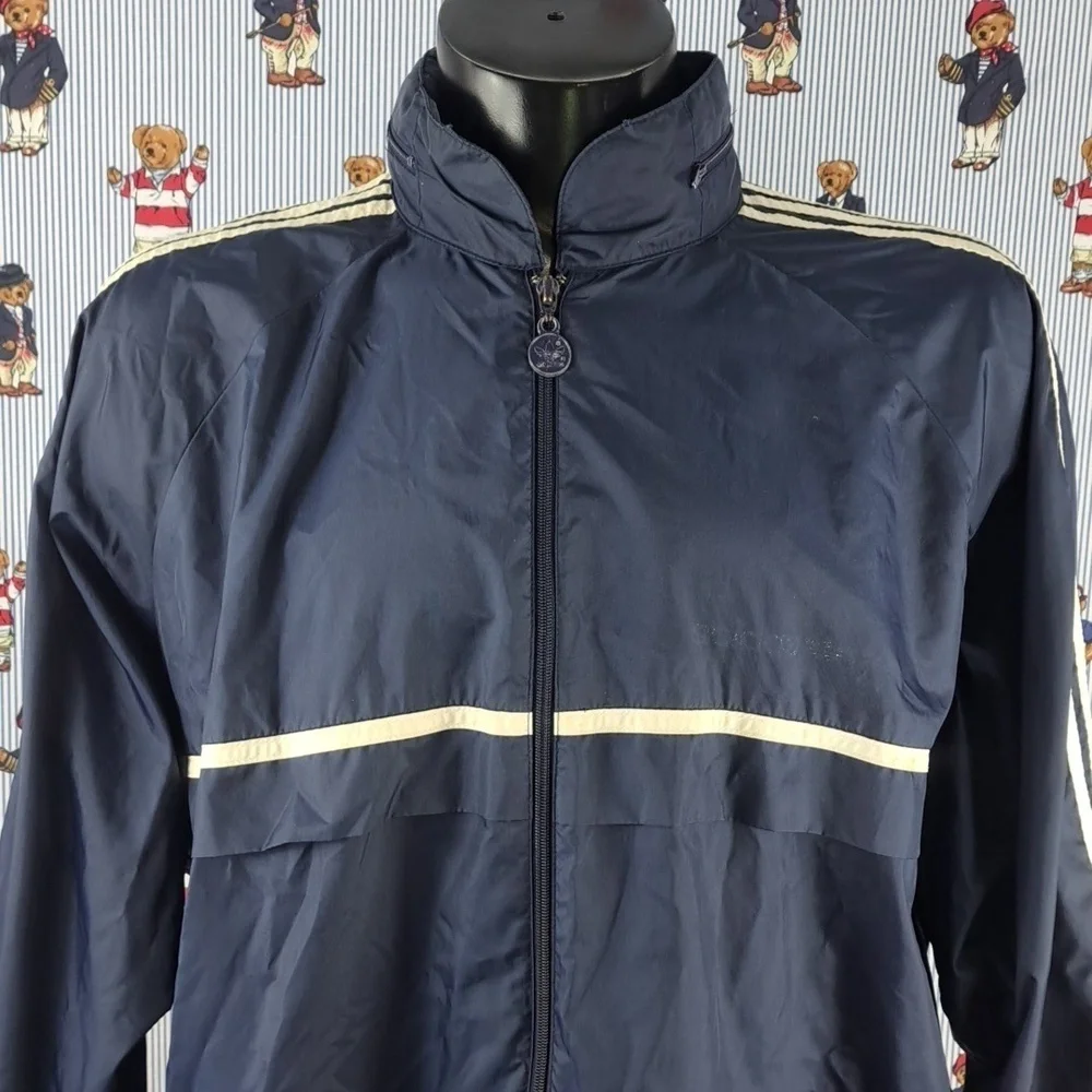 Vintage  Adidas 3 stripe sleeve hooded  navy & white XL windbreaker jacket